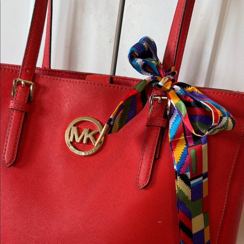 Michael Kors Red Orange tote Bag coated leather gold purse handbag MK designer - Picture 2 of 11